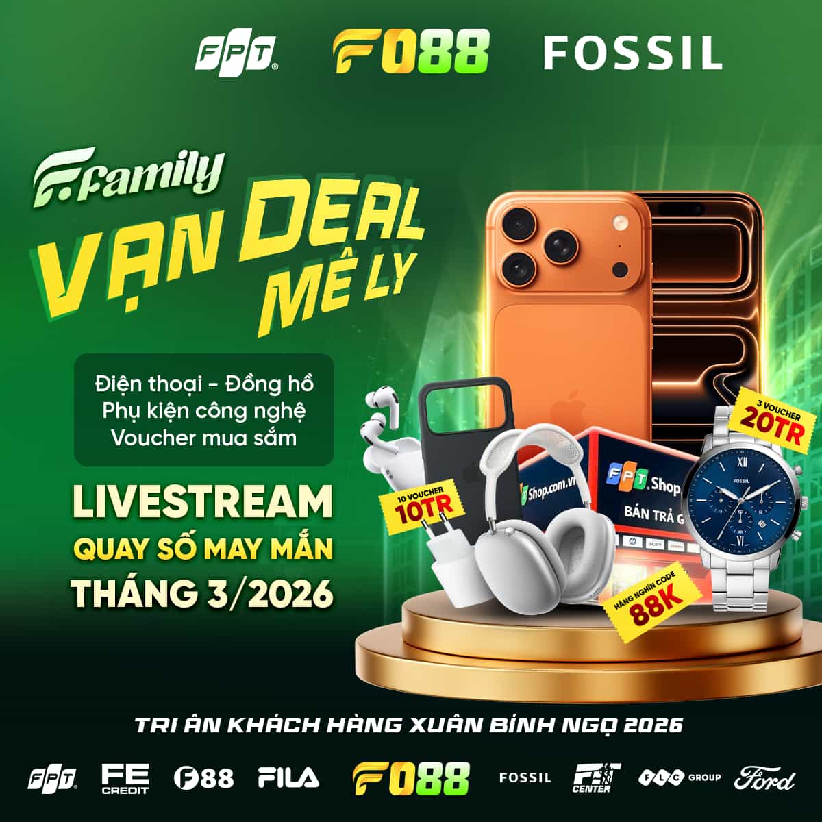 Hình ảnh giải thưởng iPhone 17 Pro Max 1TB trị giá 60 triệu đồng và loạt các voucher quà tặng khác từ FPT Shop & Fossil trong chương trình "F Family - Vạn Deal Mê Ly" được đăng tải trên trang Facebook chính thức của FO88.

Nguồn: FO88 - Chơi Nhanh Thắng Dễ

Link bài: https://www.facebook.com/share/p/1Dim1fNDMR/