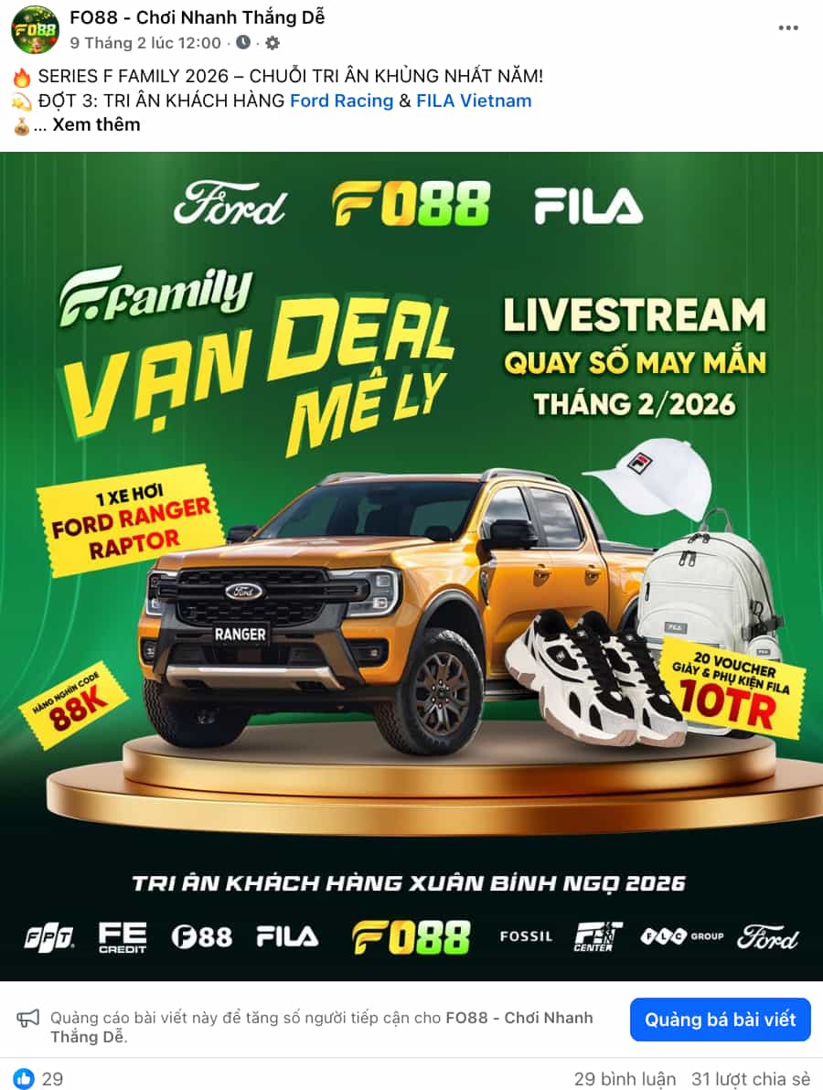 Các giải thưởng trong đợt 3 chương trình "F Family" bao gồm xe Ford Ranger Raptor trị giá 2 tỷ đồng và 20 voucher Fila 10 triệu đồng được FO88 công bố trên fanpage chính thức.
Nguồn: Fanpage Fo88 - Chơi Nhanh Thắng Dễ

Link bài viết: https://www.facebook.com/share/p/1Gc8AfPLYF/